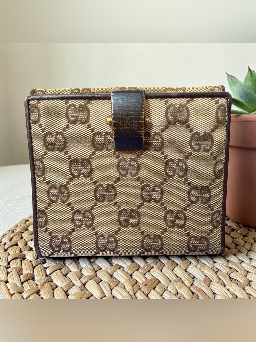 Gucci Vintage GG Canvas Bamboo French Wallet Brown (A263)